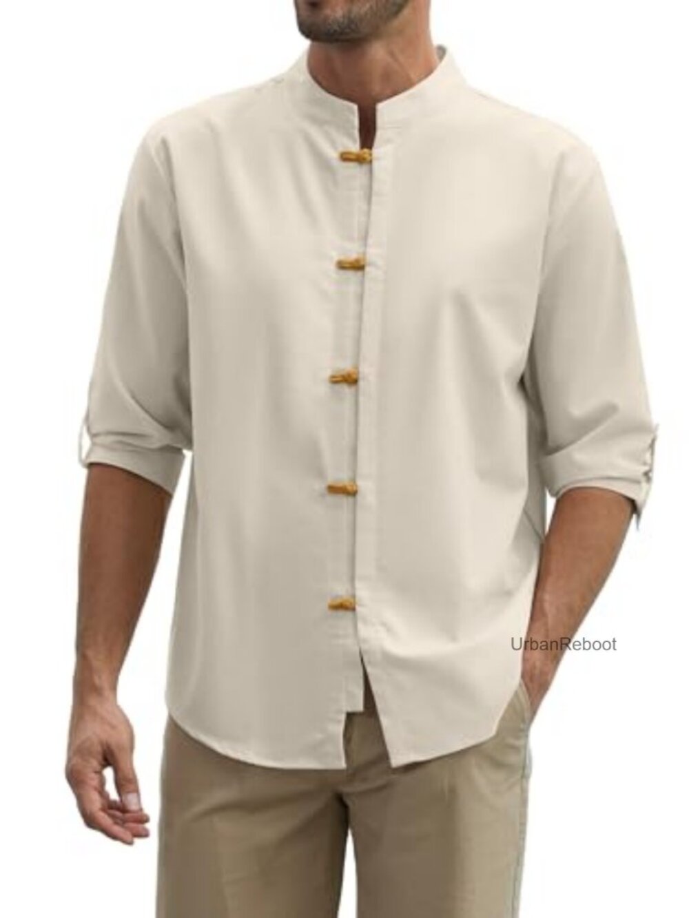 Mens Cotton Linen Casual Button Down Shirt Roll-Up Sleeve